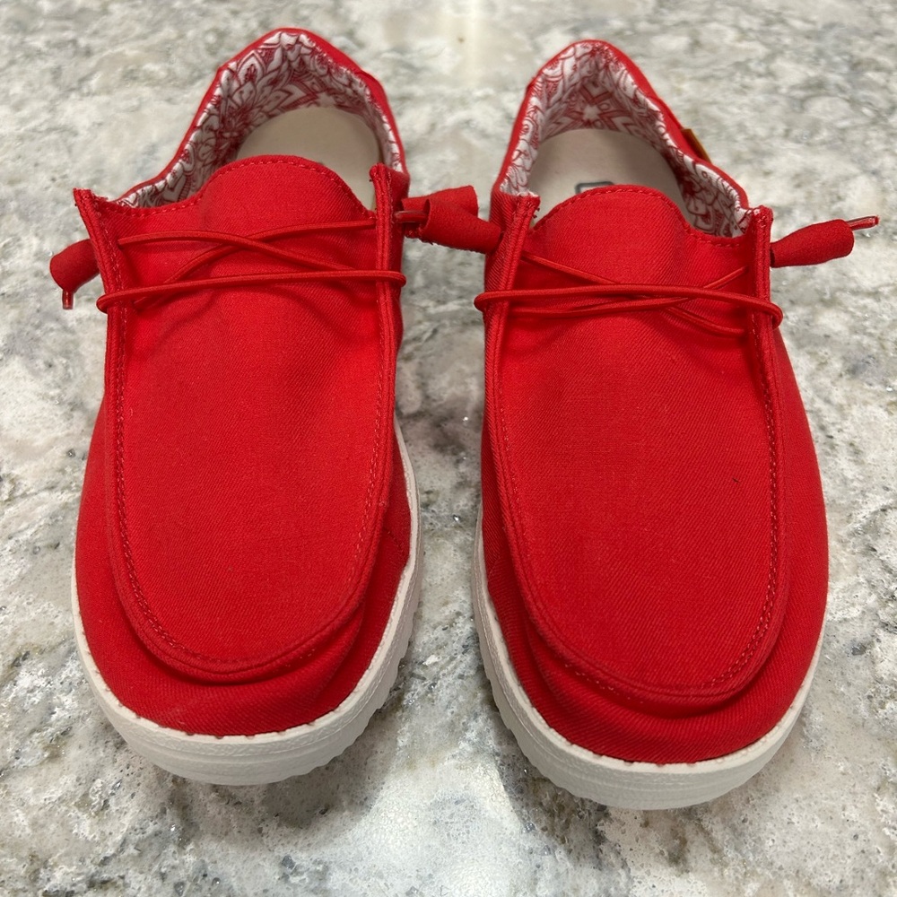 Hey Dude Red and White Patterned Canvas Shoes